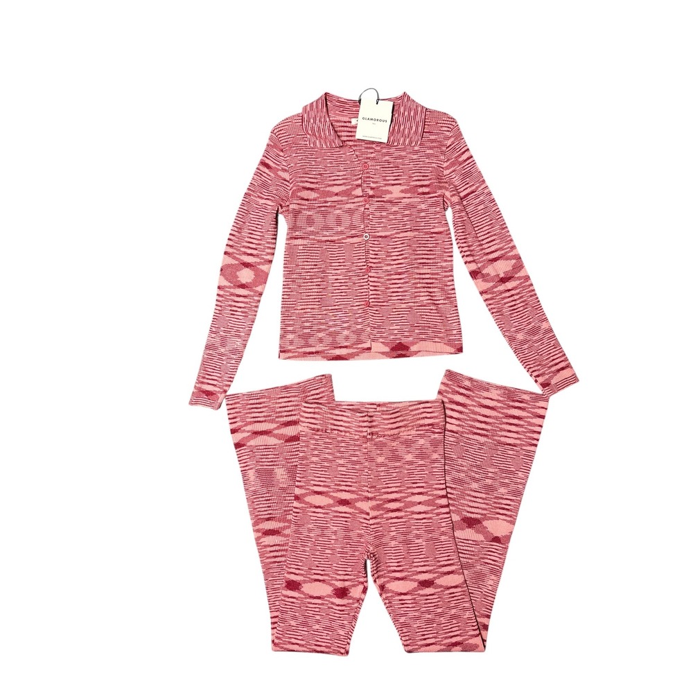 Glamorous Red Pink Space Dye Knit‎ Button Front Collared Shirt & Flare Pants NWT